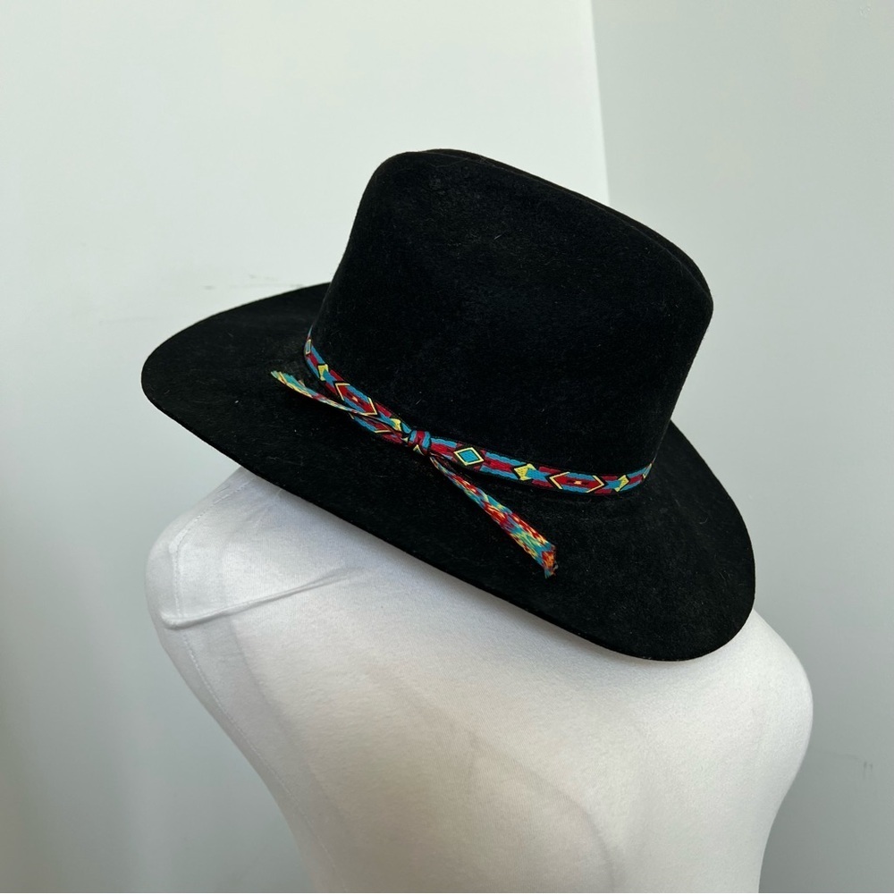 Black Wool Fedora Hat w/ Colorful Woven Band Boho Western Prairie - Picture 3 of 6